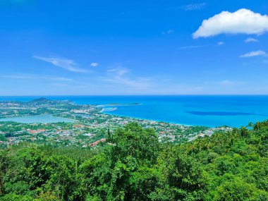 İnsan yapımı şehir, gökyüzü, mavi okyanus ve doğadan gelen yemyeşil ormanlar mükemmel bir karışım. hava görünümü.
