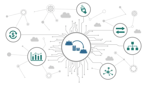 stock image Concept of money transfer with connected icons