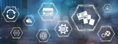 Concept of purchase with icons on blurred dark background