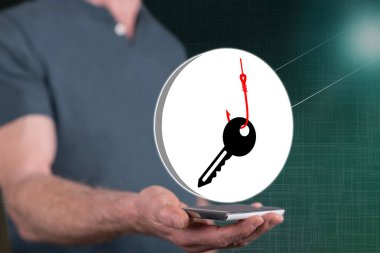 Arka planda bir adamın elinde tuttuğu akıllı telefonun üstünde sahte bir konsept.