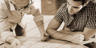 Architects working on plans at office, geometric pattern