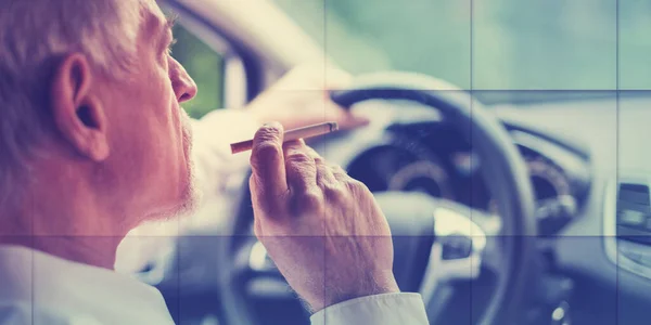 Senior Man Smoking Cigarette While Driving Geometric Pattern — Stock Photo, Image