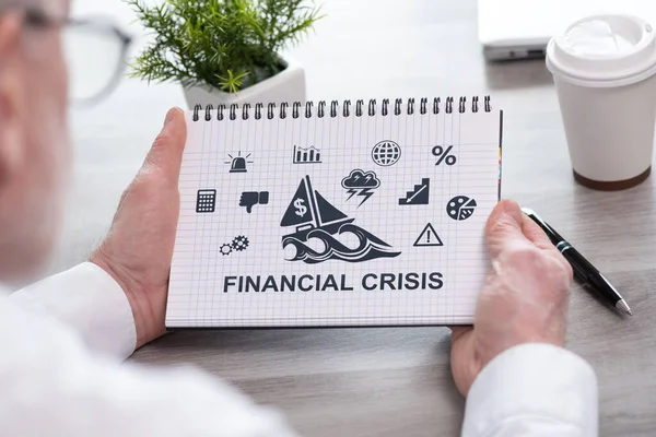 Hand Holding Notepad Financial Crisis Concept — Stock Photo, Image