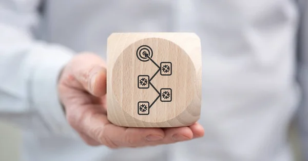 Hand Hält Einen Holzwürfel Mit Symbol Des Workflow Konzepts — Stockfoto