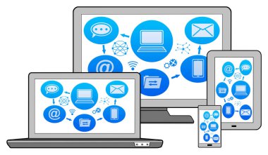 Farklı aygıtlar üzerine e- posta gönderme kavramı, beyaz üzerine izole