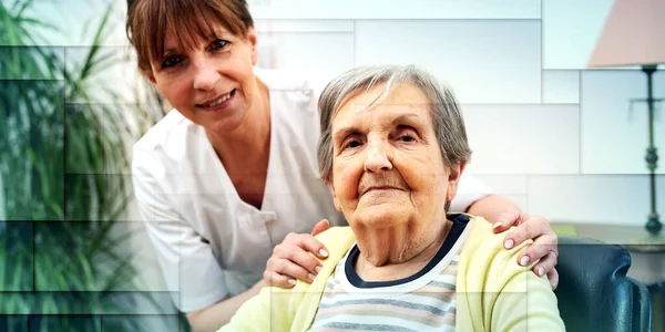 Enfermera Apoyo Mujer Mayor Hogar Ancianos Patrón Geométrico —  Fotos de Stock