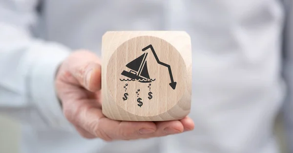 Hand Holding Wooden Cube Symbol Bankruptcy Concept — Stockfoto