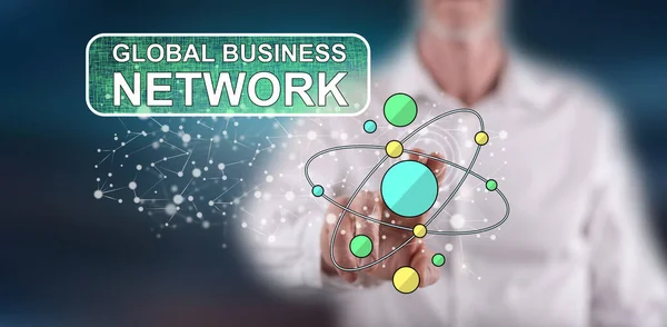 Mann Berührt Mit Dem Finger Ein Globales Business Netzwerk Konzept — Stockfoto
