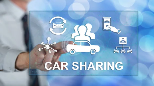 Mann Berührt Carsharing Konzept Mit Dem Finger Auf Touchscreen — Stockfoto