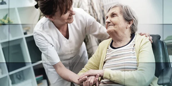 Nurse Supporting Elderly Woman Nursing Home Geometric Pattern — Stock Photo, Image