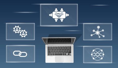 İş ilişkisi kavramının sembolü olan dizüstü bilgisayarın üst görünümü