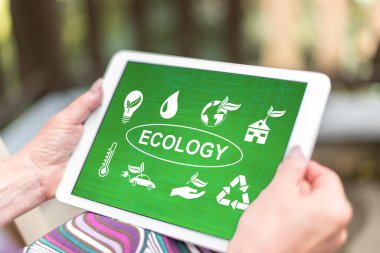 Kadın eli, ekoloji konsepti olan bir tablet tutuyor.