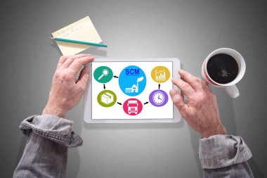 Bir tablet kullanan erkek eller, scm kavramını gösterir