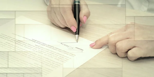 Woman signing a legal document, geometric pattern