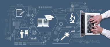 Eğitim kavramının sembolü olan dizüstü bilgisayar kullanan ellerin üst görünümü