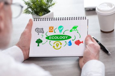 Hand holding a notepad with ecology concept