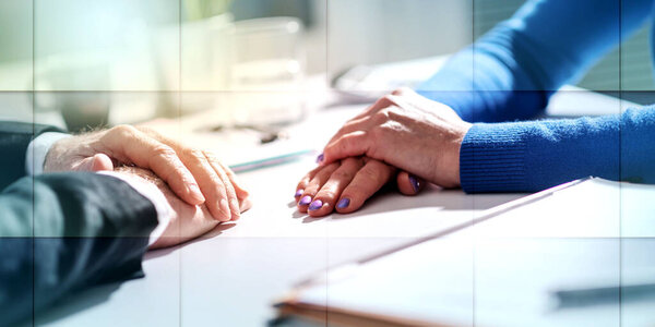 Situation of business negotiation between businesswoman and businessman, light effect, geometric pattern