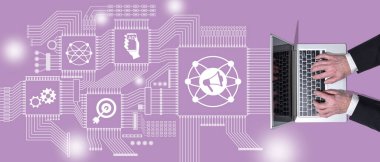 Top view of hands using laptop with symbol of digital advertising concept