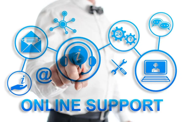 Online support concept shown by a man in background