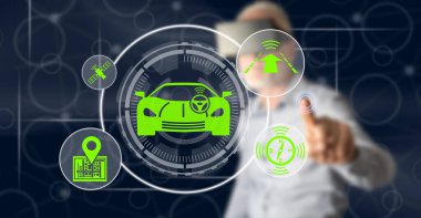 Man with vr headset touching a driverless car concept on a touch screen with his finger
