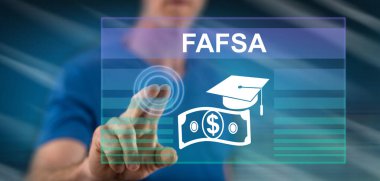 Adam dokunmatik ekranda parmaklarıyla Fafsa konseptine dokunuyor.