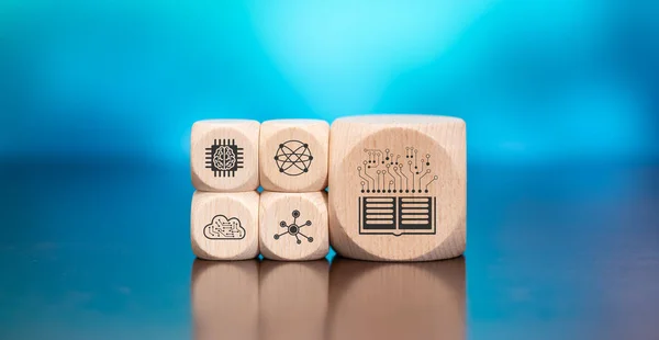 Wooden blocks with symbol of digital disruption concept on blue background