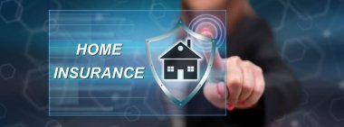 Bir ev sigorta kavramı onun parmak dokunmatik ekranlı cep bilgisayarlarda dokunmadan kadın