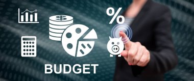 Kadın dokunmatik ekranda bütçe kavramına dokunuyor.