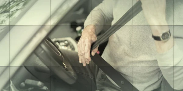 Man Fastening Seat Belt Car Geometric Pattern — Stok fotoğraf