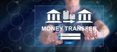 Adam dokunmatik ekranda para transferi konseptine parmaklarıyla dokunuyor.