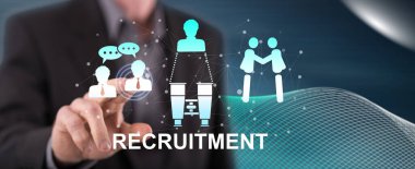 Adam dokunmatik ekranda işe alım konseptine parmağıyla dokunuyor.