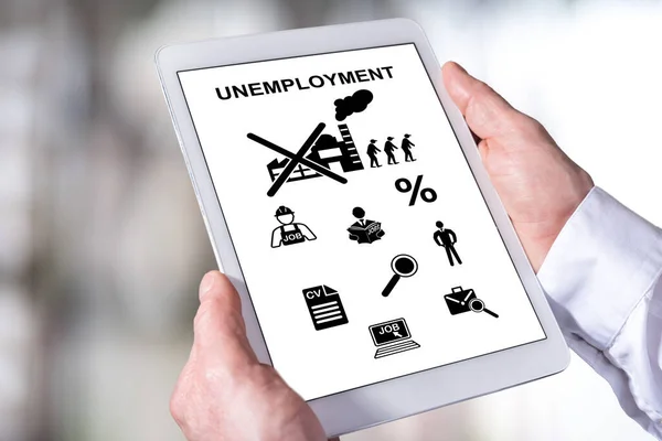 Homem Segurando Tablet Mostrando Conceito Desemprego — Fotografia de Stock