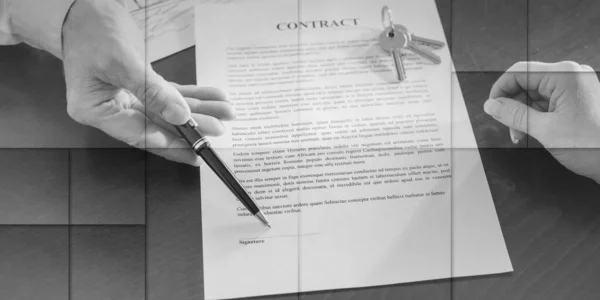 Realtor showing the signature place of a contract with his pen, geometric pattern