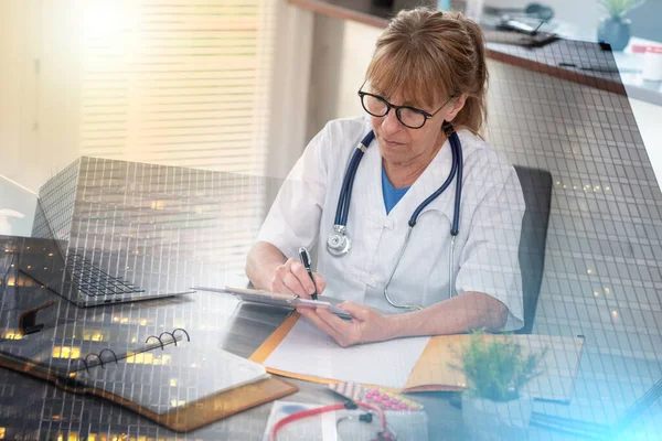 Female Doctor Taking Notes Clipboard Medical Office Multiple Exposure — Stock Photo, Image