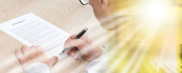 Man Signing Legal Document Multiple Exposure — Stock Photo, Image