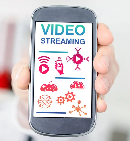 Hand Hålla Smartphone Med Video Streaming Koncept — Stockfoto