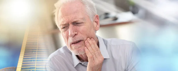 Senior Man Hand Cheek Suffering Toothache Multiple Exposure — Stok Foto
