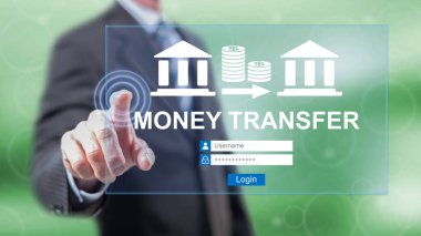 Adam dokunmatik ekranda para transferi konseptine parmaklarıyla dokunuyor.