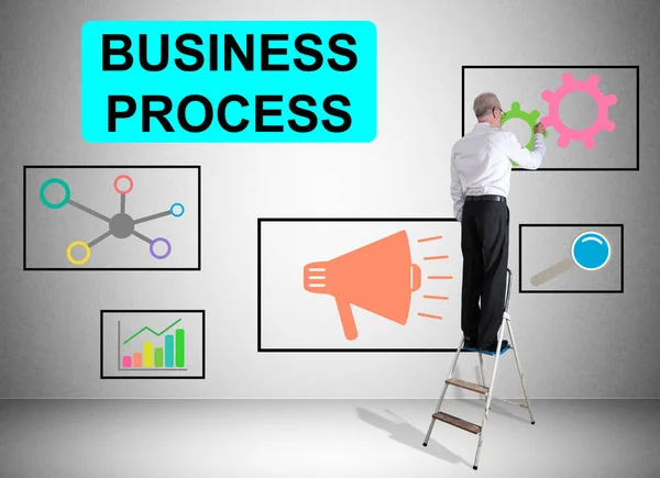 Man Een Ladder Tekening Business Process Concept Een Muur — Stockfoto