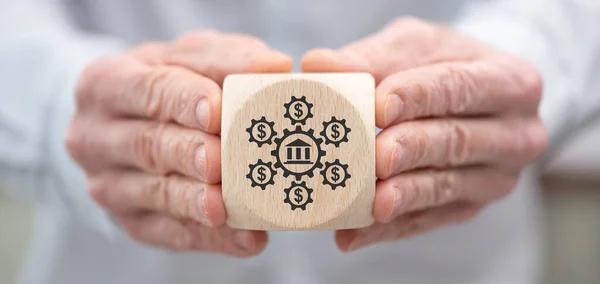 Hand Holding Wooden Cube Symbol Government Aid Concept — Stockfoto