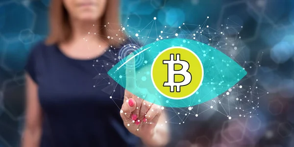 Woman Touching Bitcoin Concept Touch Screen Her Finger — Stock Photo, Image