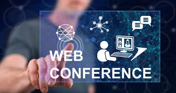 Man touching a web conference concept on a touch screen with his finger