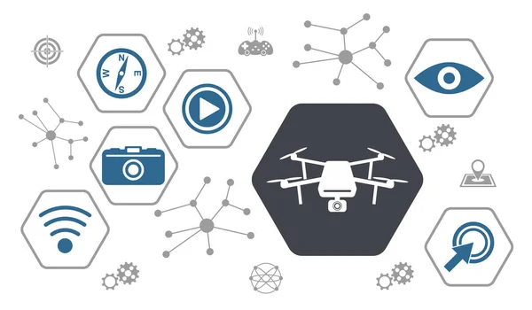Concept of drone with icons in hexagons