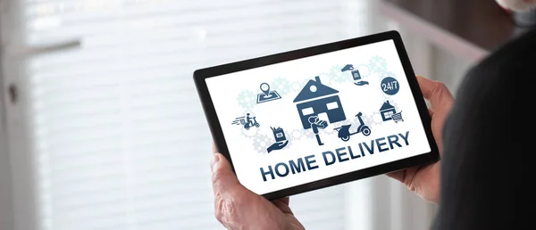 Home Delivery Concept Shown Tablet Held Man — Stock fotografie