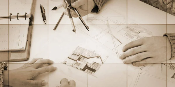 Architect Showing House Plans His Client Geometric Pattern — Stock Photo, Image