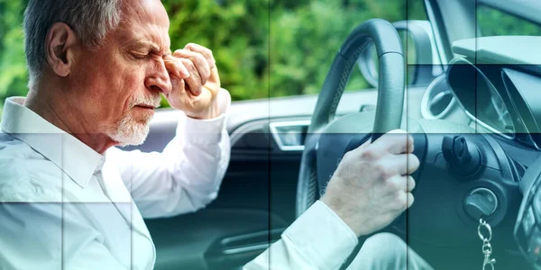 Κουρασμένος Ηλικιωμένος Άνδρας Τρίβει Μάτια Του Πίσω Από Τιμόνι Του — Φωτογραφία Αρχείου