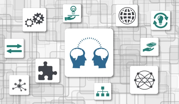 Concept of knowledge sharing with icons on squares