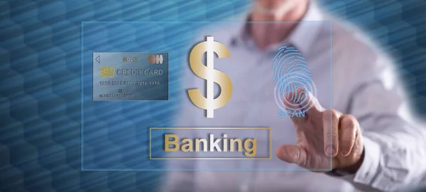 Adam Bir Bankacılık Güvenlik Dokunmadan Kavramı Onun Parmak Dokunmatik Ekranlı — Stok fotoğraf