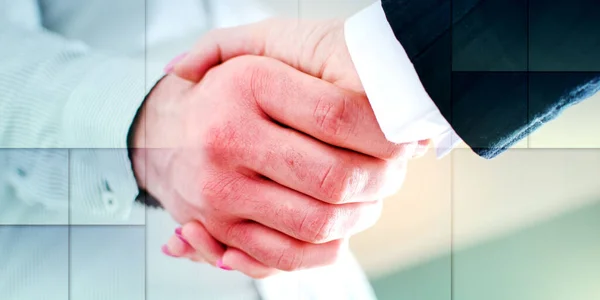 Handshake between business people, geometric pattern