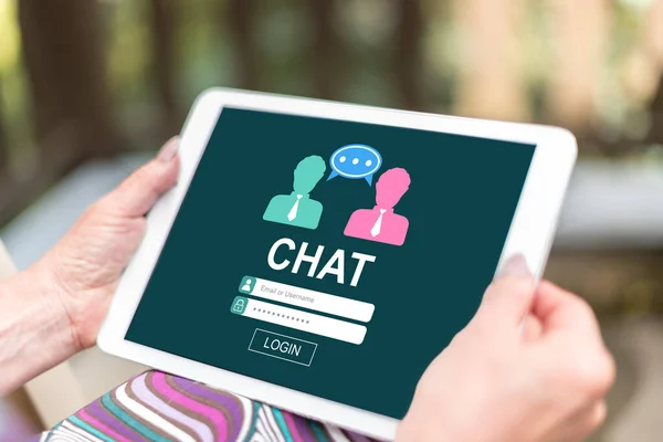 Female Hands Holding Tablet Chat Concept — Stock Photo, Image